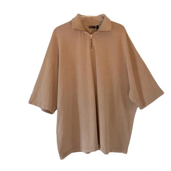 ASOS | Tan Quarter Zip Relaxed Fit Short Sleeve Cotton Polo Shirt, Men's Large - Picture 1 of 5